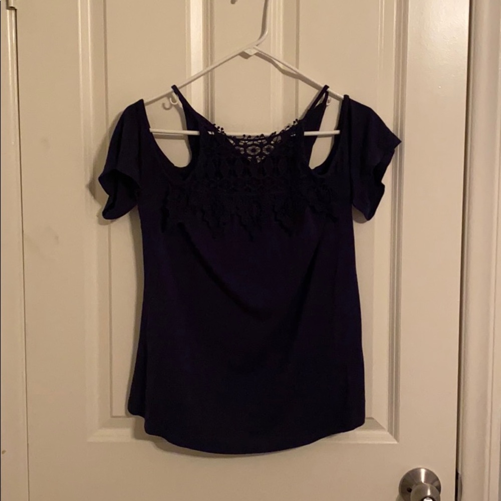 Blue, open shoulder top